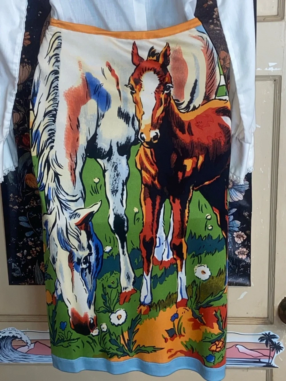 ILLIG HORSES SKIRT Vintage Silk Mother & Colt - Picture 3 of 5